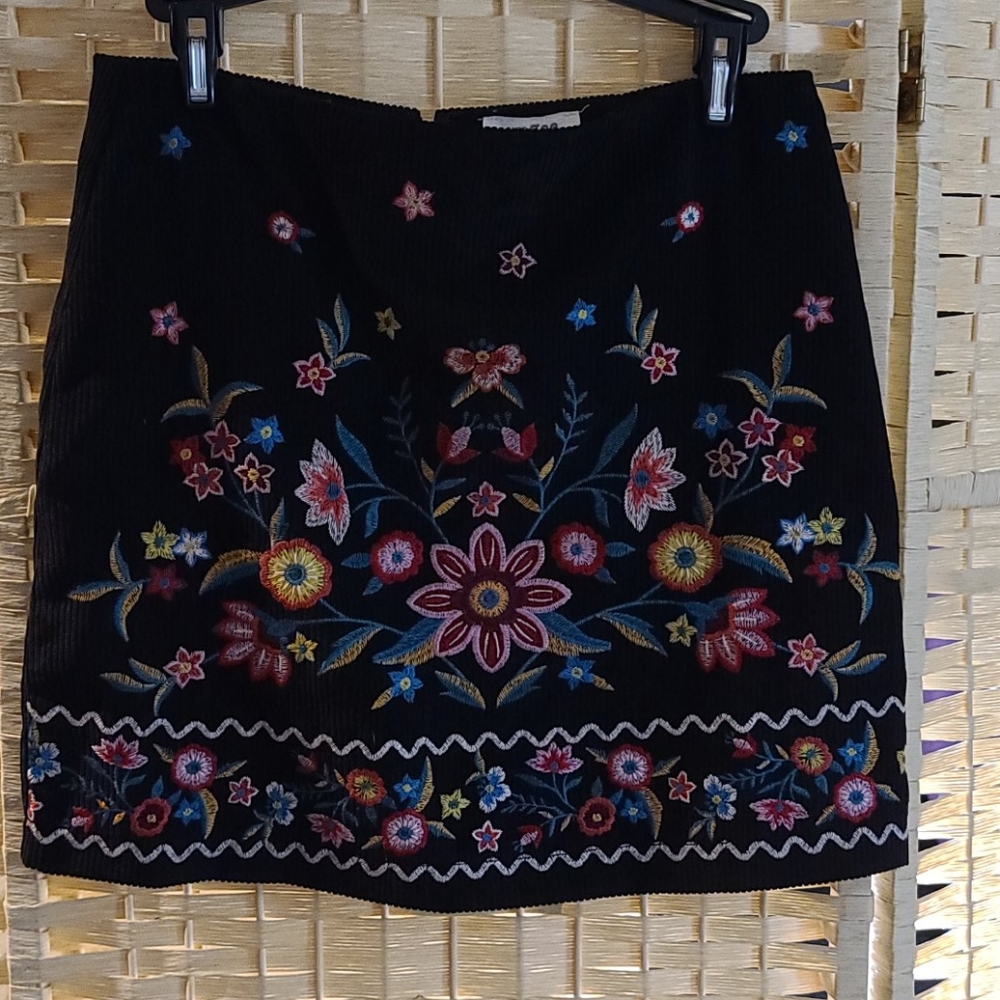 Black floral corduroy skirt
